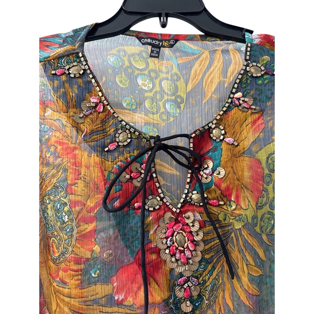 Chaudry KC Sheer Floral Beaded Tunic Top Large Boho Tropical Blouse Siz L - Picture 2 of 6